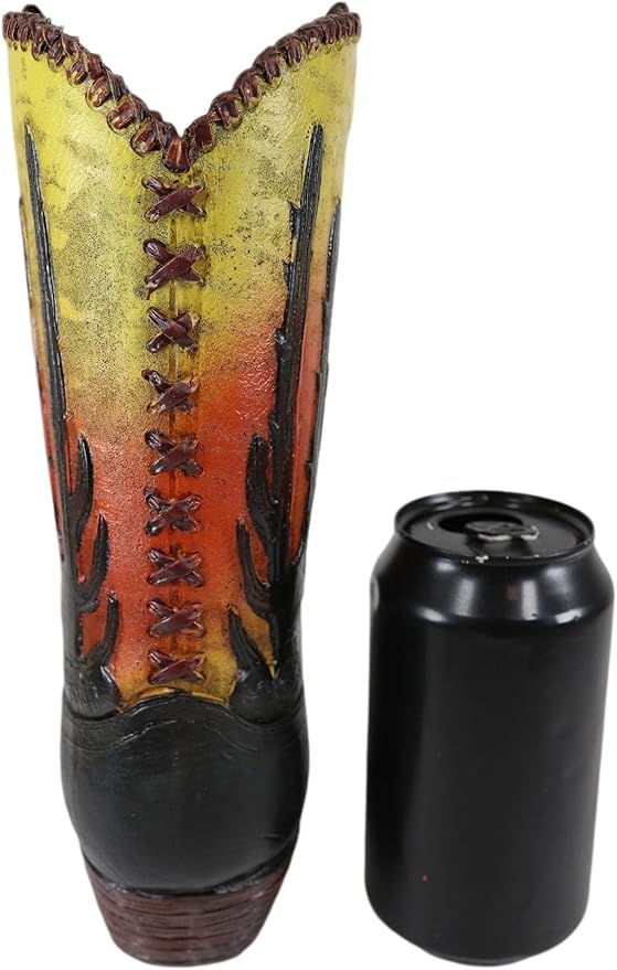 Ebros Gift Rustic Western Faux Tooled Leather Cowboy Cowgirl Boot with Sunrise Dawn Desert Cactus and Cow Skull Decorative Figurine Or Floral Vase Planter Table Countertop Accent