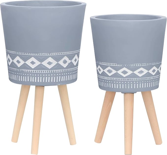 Set of 2 Resin Planters with Stands – Plant Stand Indoor Display, Outdoor Decor – Living Room Or Patio Placement – Mid–Century Style Plant Stand Home Decor – 12" & 10", Gray