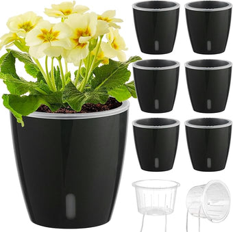 KvyusFlourish Self Watering Pots for Indoor Plants, 6-Pack 5'' Self Watering Planter with Drainage Holes, Small African Violet Pots with Water Indicator, Clear Wick Orchid Pot, Black
