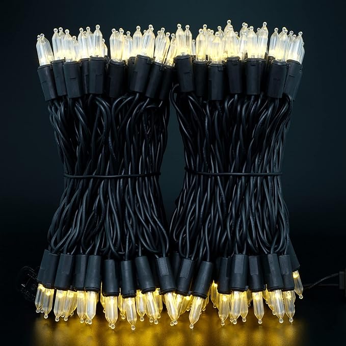 YULETIME 200 Warm White LED Christmas Lights, 66 Feet Black Wire UL Certified Commercial Grade Holiday String Light Set