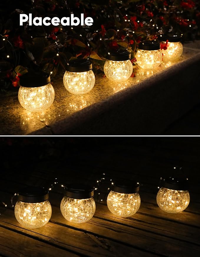Solar Lanterns Solar Lights Outdoor Waterproof 6-Pack, Solar Powered Hanging Lights Cracked Glass Hanging Globes for Christmas Decoration, Shepherd Hook, Garden Tree Ornaments
