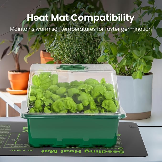 MIXC Seed Starter Kit with Grow Light, Elevated Seedling Tray Kit with Adjustable Humidity Dome and Clear Cell Tray, 12 Full Spectrum Led Beads for Seed Starting Greenhouse, 6 Pack, Green