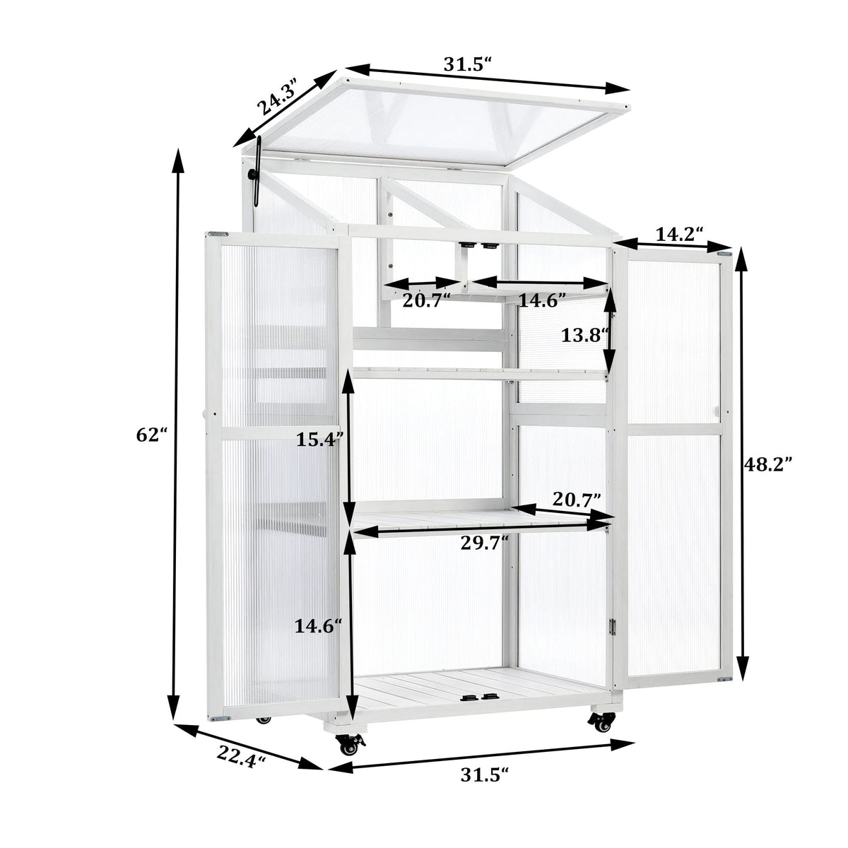 Harper & Bright Designs 62 inch Height Wood Large Greenhouse Balcony Portable Cold Frame with Wheels and Adjustable Shelves for Outdoor Indoor Use, White