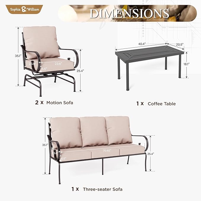 Sophia & William 4 Piece Patio Furniture Set, Outdoor Conversation Sets 5 Seat Clearance with 3-seat Sofa x 1, Rocking Chair x 2, Metal Coffee Table x 1 for Front Porch Lawn, Beige