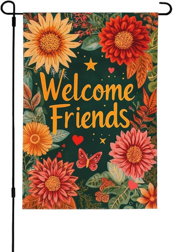 Welcome Friend Garden Flag Vertical Double Sided Outdoor Yard Flags 12.5x18 Inch Burlap Banners for House Lawn