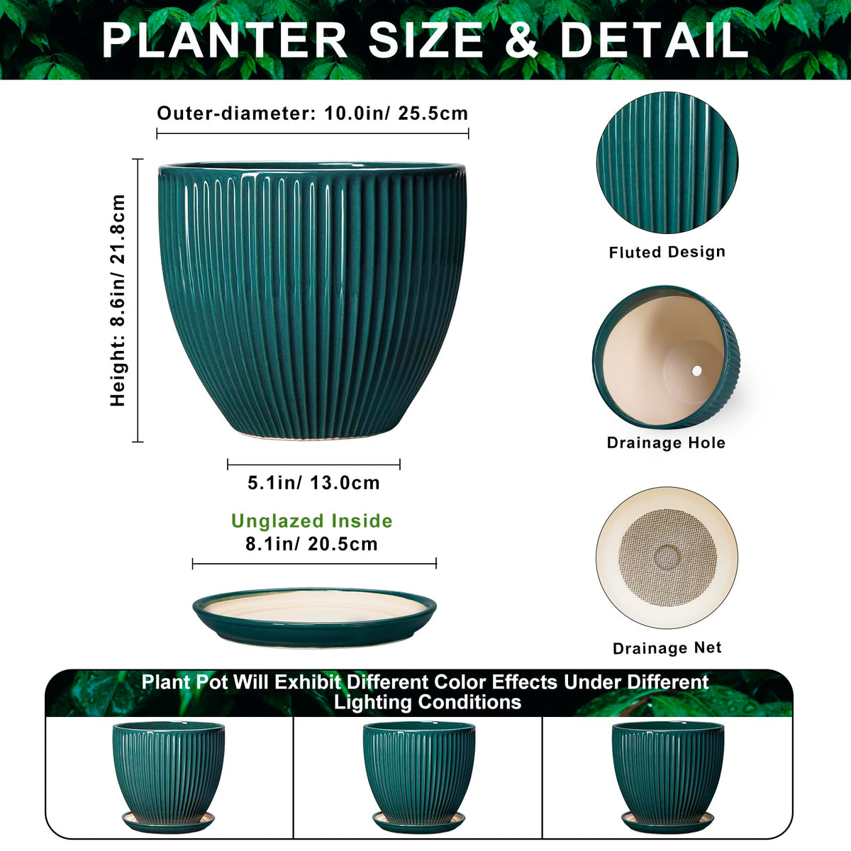 Wliror 10 Inch Flower Pot, Ceramic Planters with Saucer, Blackish Green