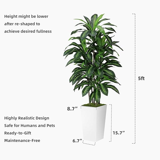 Artificial Dracaena Plant Indoor 5FT - Fake Tree with White Tall Planter - Faux Yucca Tall Fake Floor Plant in Pot - Artificial Trees for Home Office Living Room Decor Indoor
