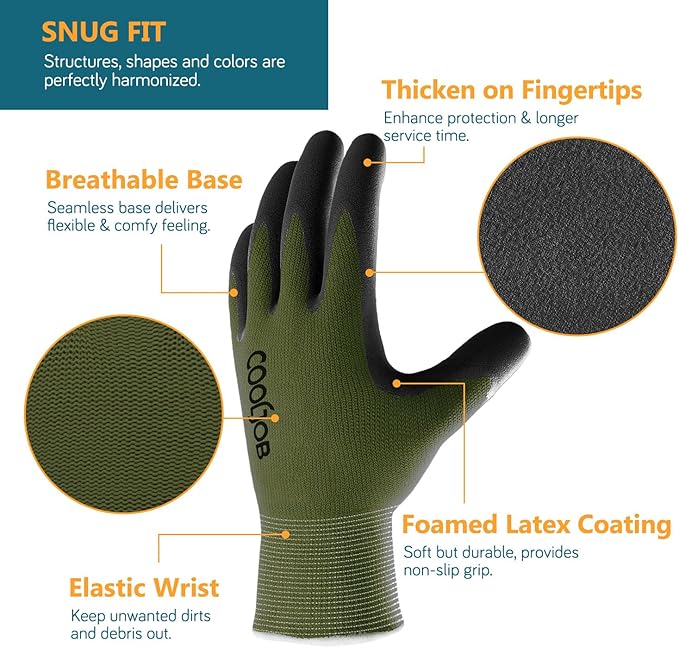 COOLJOB Gardening Gloves for Men, 2 Pairs Breathable Rubber Coated Garden Gloves for Weeding Landscaping, Outside Work Gloves for Lawn Yard, Men’s Xlarge Size, Black & Green (2 Pack XL)