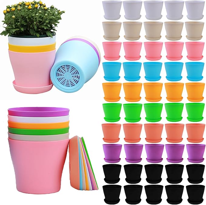Tergy 50 Pack 4 Inch Plant Pots Bulk Small Plastic Planters Pots with Drainage Holes Flower Pot for Succulent, Cactus, Herb, African Violet (50pcs-Multicolor, 4Inches)