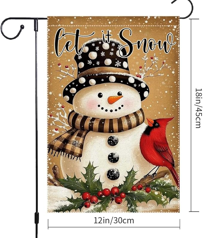 Let It Snow Snowman Garden Flag Double Sided 12x18 Inch Burlap Winter Outdoor Yard Decoration with Cardinal Bird and Holly Christmas Holiday Decor