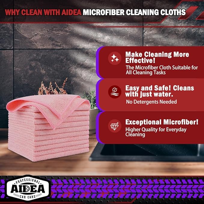 AIDEA Microfiber Cleaning Cloth Pink 20PK, Microfiber Towels for Cars, Premium Car Cloths, Dusting Cloth Lint Free Cleaning Rags for SUVs, House, Kitchen, Window, Workshops,12×12"