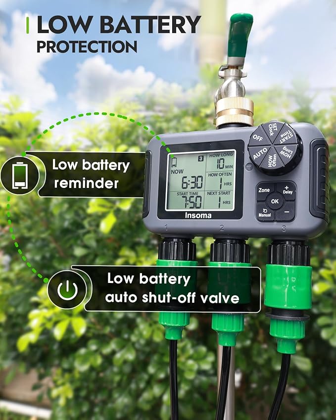 Insoma 3-Zone Sprinkler Timer with Brass Inlet + IPX5 Waterproof | Programmable Auto/Manual Irrigation Mode with Rain Delay & Large LCD | Water Hose Timer 3 Outlets for Garden, Lawn, Yard, Pool