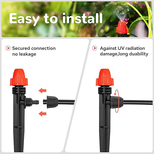 Drip Irrigation Emitters for 1/4" Tubing: Adjustable 360 Degree Drip Spray Emitters with Lock Barbed - Misting Drippers with Stake for Garden Watering System(30pcs)