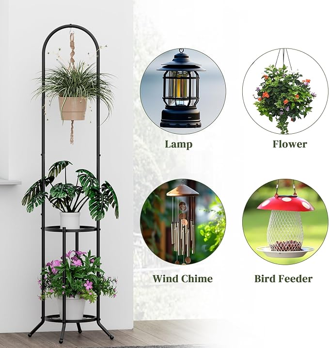 PULIJIAJU 2-tier Hanging Plant Stand Indoor and Outdoor, Space-Saving Iron Plant Shelf, 3 Potted Flower Pot Stand ,Planter Holder for Bedroom Balcony Living Room Patio Garden( n-style)