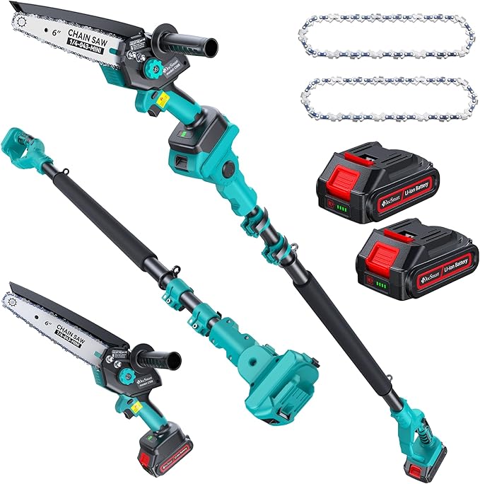 Cordless Pole Saw&Mini Chainsaw,2-IN-1 6 inch Electric Handheld Chain Saw with 2pcs 2000mAh Rechargeable Batteries,Pole Saws with Extension Pole for Tree Trimming Wood Cutting,Ideal Gifts for Men Dad