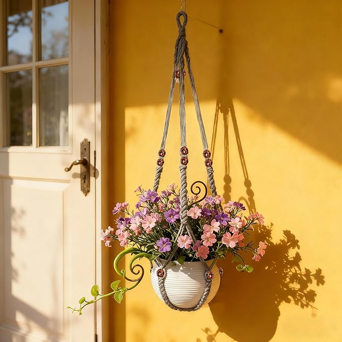 HOREAKHJ 35 Inch Macrame Plant Hanger, Large for up to 15 Inch Pot Extra Long Hanging Planter Holder Basket with Wood Beads for Indoor Outdoor Home Decor (Grey, 1-Pack)