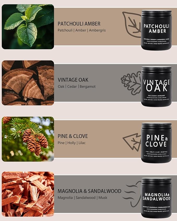Candles for Men, 4 Pack Scented Candles, Gifts for Father Dad Day, 50 Hours Long Burning Soy Candles for Home Scented (Pine/Sandalwood/Patchouli/Oak)