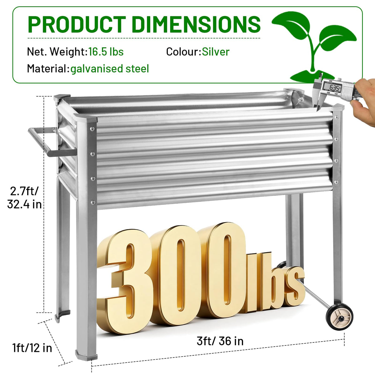 Land Guard 2 Pack Galvanized Raised Garden Bed with Legs & Wheels, 36×12×32in Metal Elevated Raised Planter Box for Backyard, Patio, Balcony, 300lb Capacity, Silver