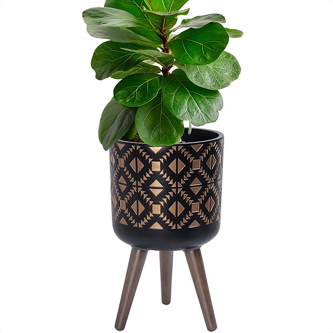 D'vine Dev 10 Inch Planter Pot with Stand, Mid-Century Tall Plant Pot with Legs for Indoor Plants, Bronze/Black, 88-G-B-6