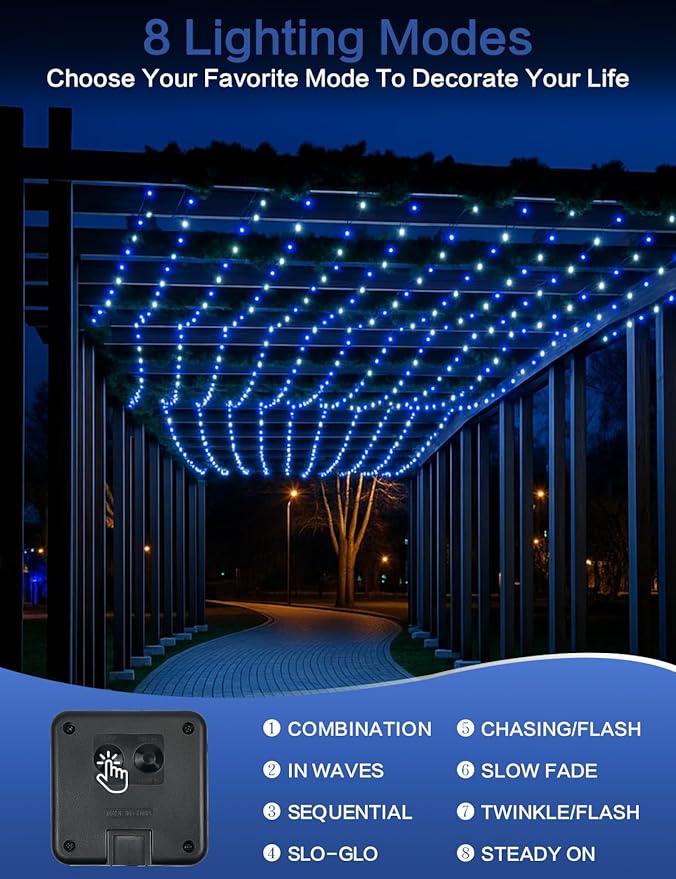 2 Pack Blue and White Solar String Lights Outdoor, 80FT 200 LED Waterproof Silver Wire Fairy Light, 8 Modes Solar Twinkle Light for Christmas Wedding New Year Independence Day Patio Fence Tree Decor