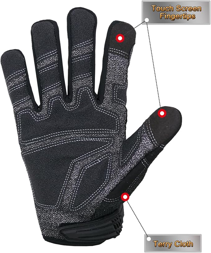 HANDLANDY Mens Work Gloves Touch screen, Utility Mechanic Gloves, Flexible Breathable Fit- Padded Knuckles & Palm
