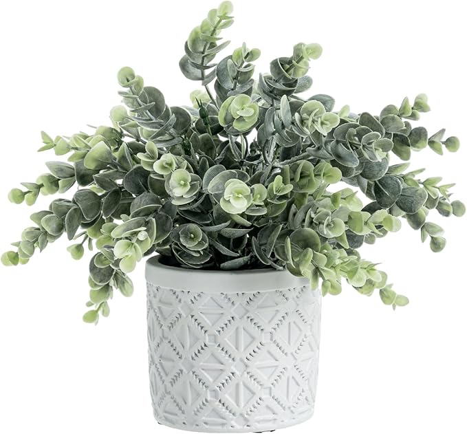 MyGift Artificial Eucalyptus Plant in Modern Gray Concrete Pots with Geometric Embossed Pattern (1, White)