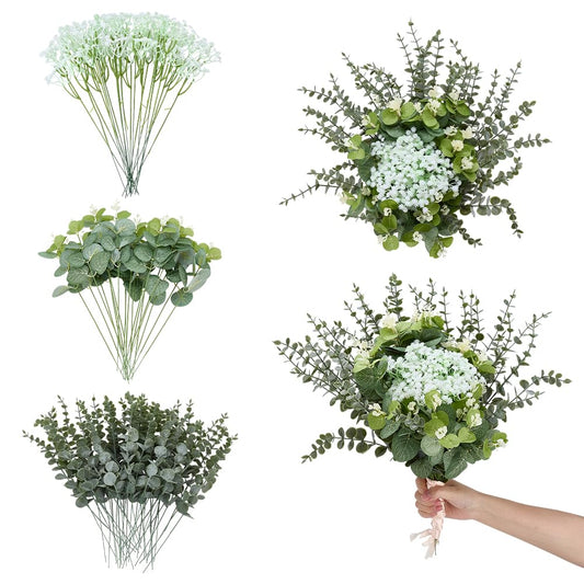 ACRNIGHEET 100PCS Artificial Eucalyptus Stems, Baby Breath Artificial Flower Bulk with Greenery Leaf, 3 Mixed Faux Eucalyptus Greenery Stems for DIY Bouquets Wedding Home Store Gift Box Decor
