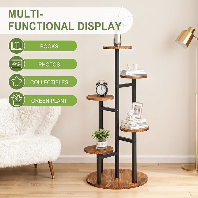VECELO 5 Tier Plant Stand Indoor Outdoor, Tall Metal Wood Flower Shelf for Multiple Plants, Small Tiered Round Corner Display Rack, Planter Pot Holder for Patio Garden Balcony Living Room Bedroom