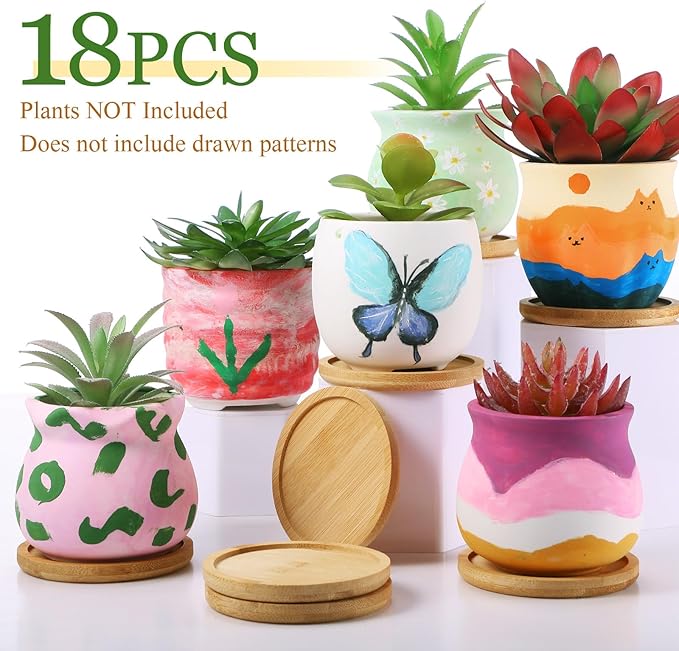 Remerry 18 Pcs 3.5 Inch DIY Ceramic Succulent Pots for Painting Figurines Paint Craft Kit Unpainted Ceramic Bisque Paintable Flowerpots with Drainage Hole Ready to Paint