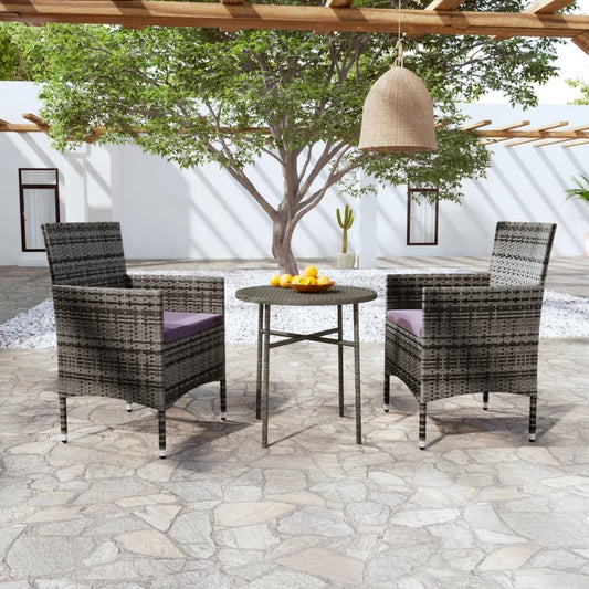 HKTMGDNG 3-Piece Patio Dining Set PE Rattan Bistro Table Chairs Gray