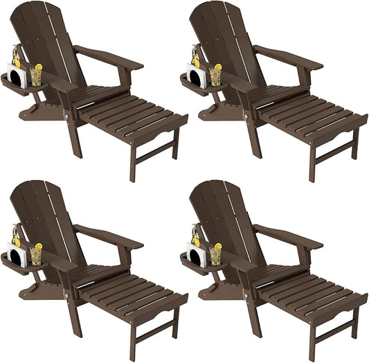 Adjustable Adirondack Chair with Retractable Ottoman Set of 4, HDPE Folding Adirondack Chair with Cup Holder, All Weather Fire Pit Chair for Outdoor.