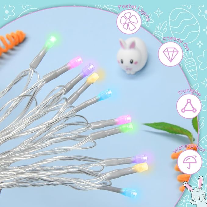 Easter String Lights Battery Operated,Pastel Easter Lights with Timer 9.8ft 30LED Transparent Wire Fairy Lights for Easter Decorations Garland Outdoor Indoor Party