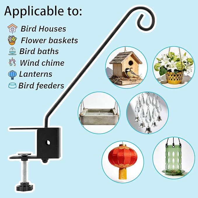XINWXSS Deck Hook Rail Set of 4, 17 Inch Heavy Duty Deck Hook, 360 Degree Swivel Plant Hanger, Solid Metal Deck Hangers for Hanging Bird Feeders, Wind Chimes, Lanterns and Flower Pots, Black