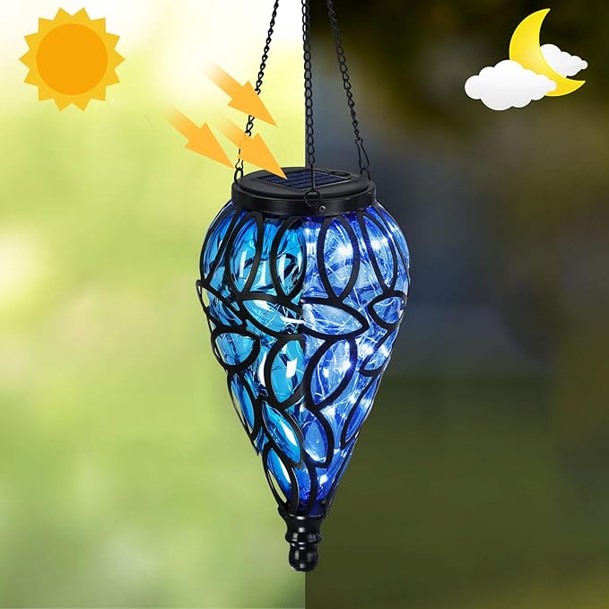 SUNNYPARK Outdoor Plastic Solar Hanging Lantern, 15 Cool White LEDs Twinkle Effect Tear-Shaped Hanging Lantern Decor Garden Decorative Solar Lights for Backyard, Patio and Lawn