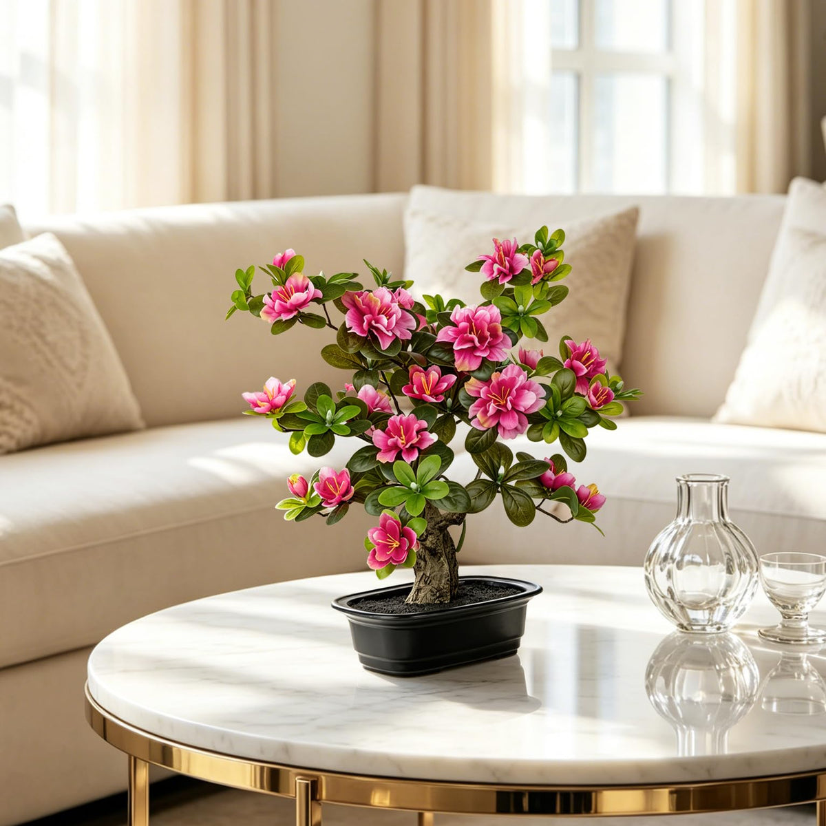 Hollyone Artificial Azalea Bonsai Tree Pink Fake Rhododendron Flowers Plants in Pot 15.7" Faux Azalea Flower Silk Small Potted Plant Floral Arrangement Desk Garden Walkway Table Centerpiece Home Decor