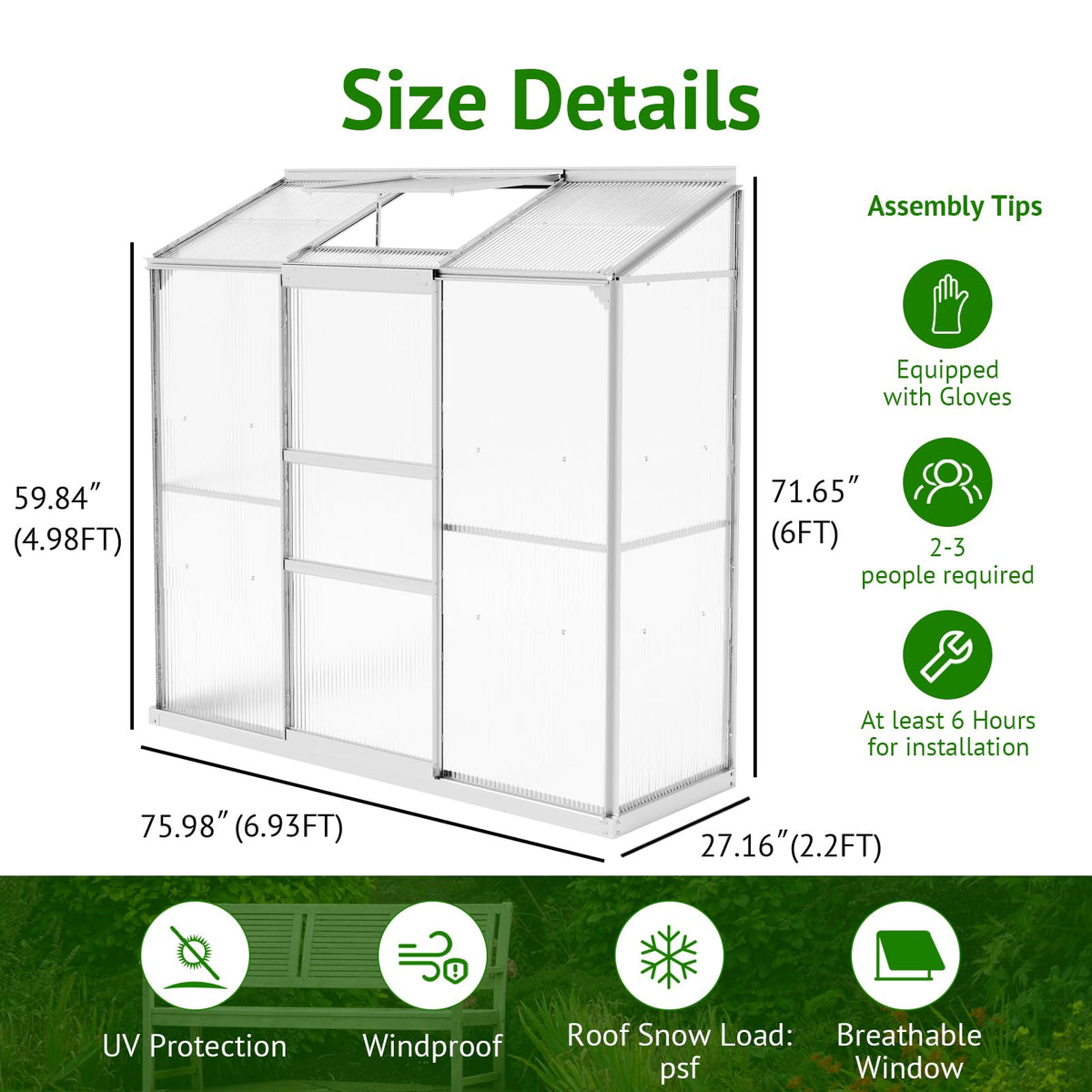 Showellgard Lean-to Polycarbonate Greenhouse 6x2 FT, Sliver, Outdoor Garden