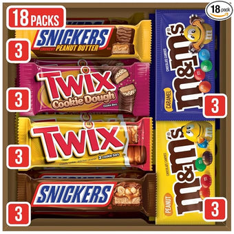 MARS M&M'S Peanut, M&M'S Caramel,SNICKERS Original,SNICKERS Peanut Butter Squared, TWIX Original and Cookie Dough Variety Pack Full Size Individually Wrapped Milk Chocolate Candy Bars,18 Ct