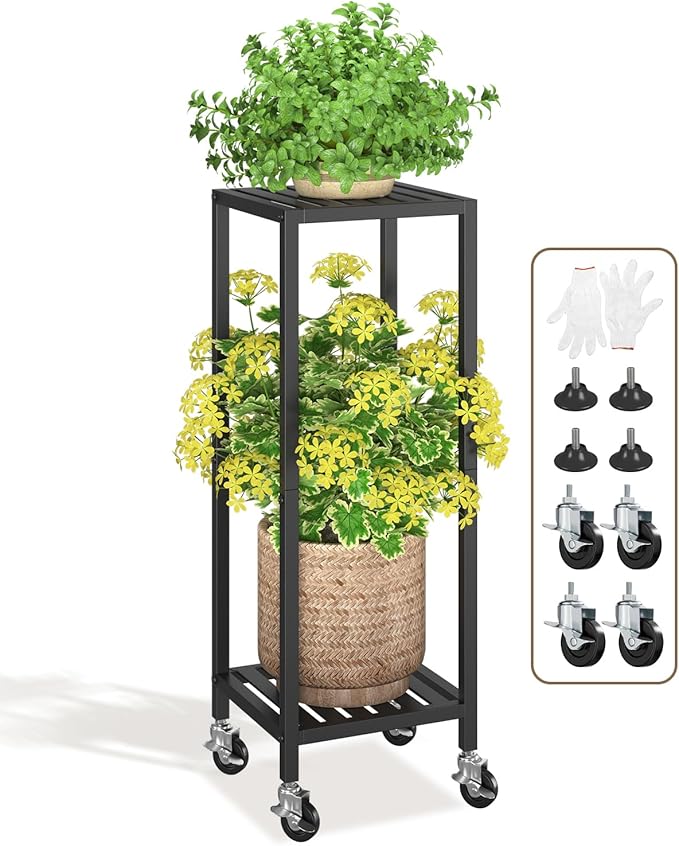 LASZOLA 2 Tier Black Metal Plant Stand Indoor Outdoor with Wheel for Large Planter, Modern Heavy Duty Tall Rolling Rack for Corner House Bathroom Patio Floor, Iron Flower Shelf Holder for Orchid Fern