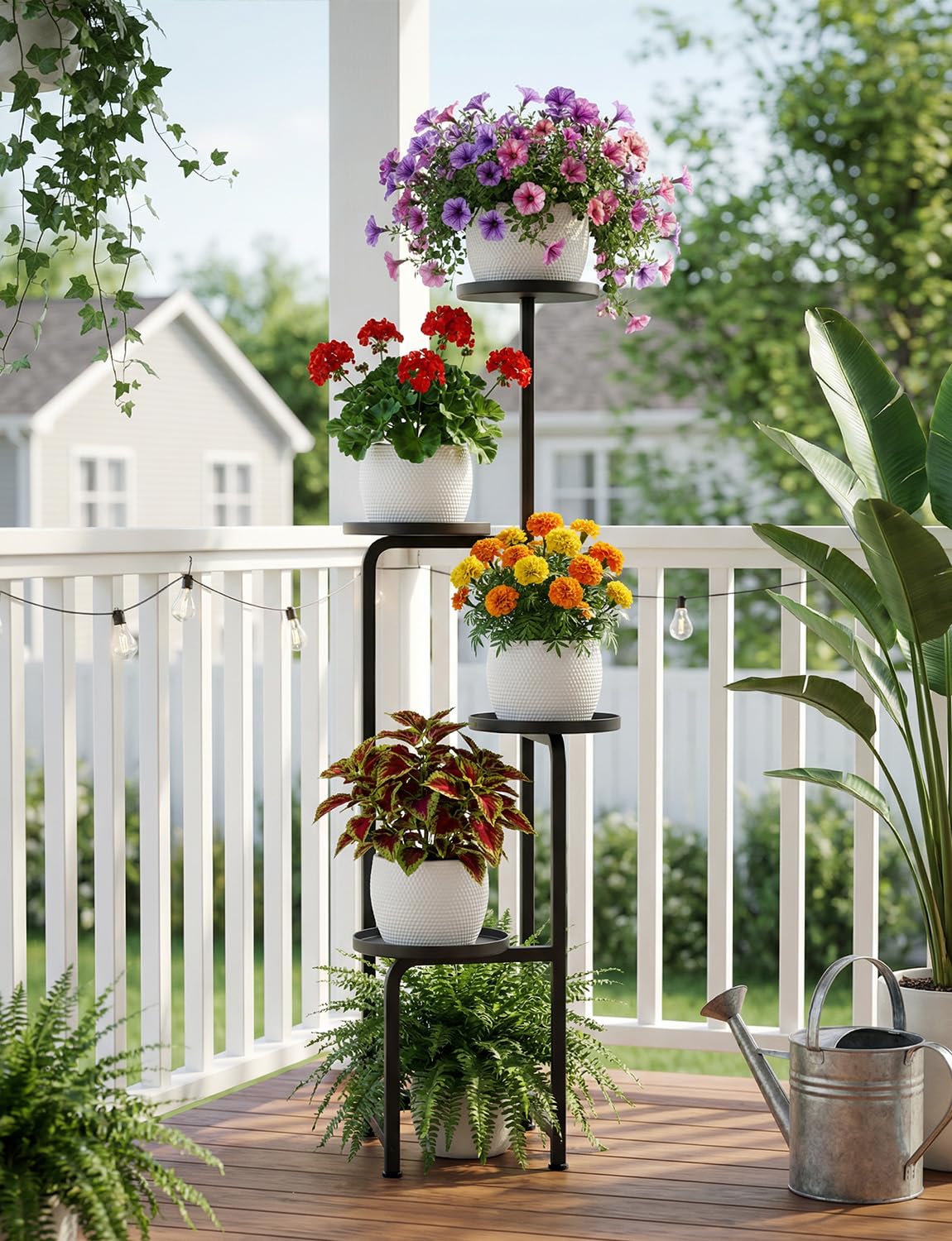 TOSKING Tall 4-Tier Square Metal Plant Stand Outdoor, Drainage Trays, Black
