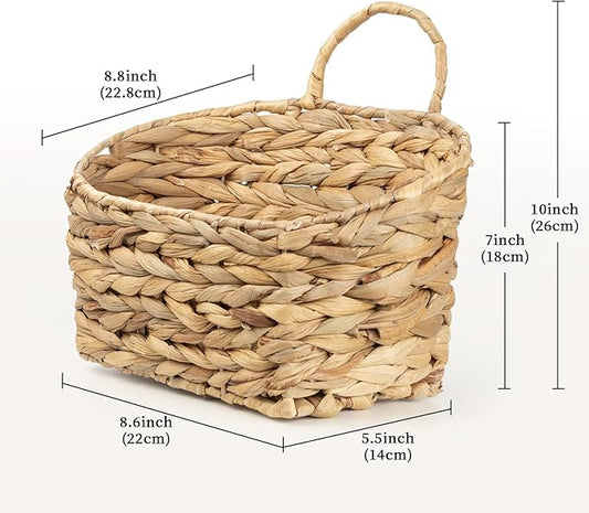 Hanging Wall Basket Handwoven Wicker Basket for Plants, Flowers & Storage, Rustic Farmhouse Wall Decor Organizer, Natural Water Hyacinth