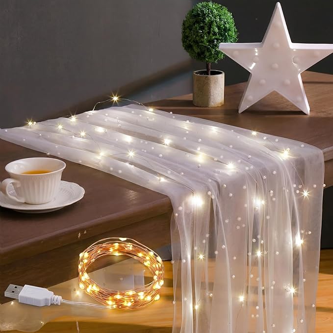 Kinlop Plug in Type 10 ft 64x120 Inch White Pearl Tulle Table Runner with LED Lights for Valentine's Wedding White Chiffon Birthday Table Skirt Tablecloth Decor Outside Baby Shower Ceremony