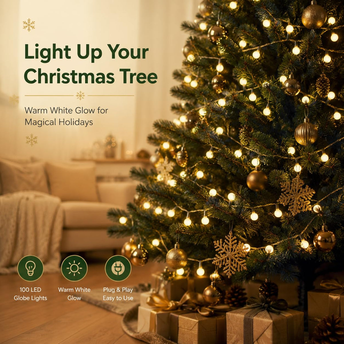 HelixBeam Warm Globe LED String Lights Indoor Bedroom 33FT 100LED Remote