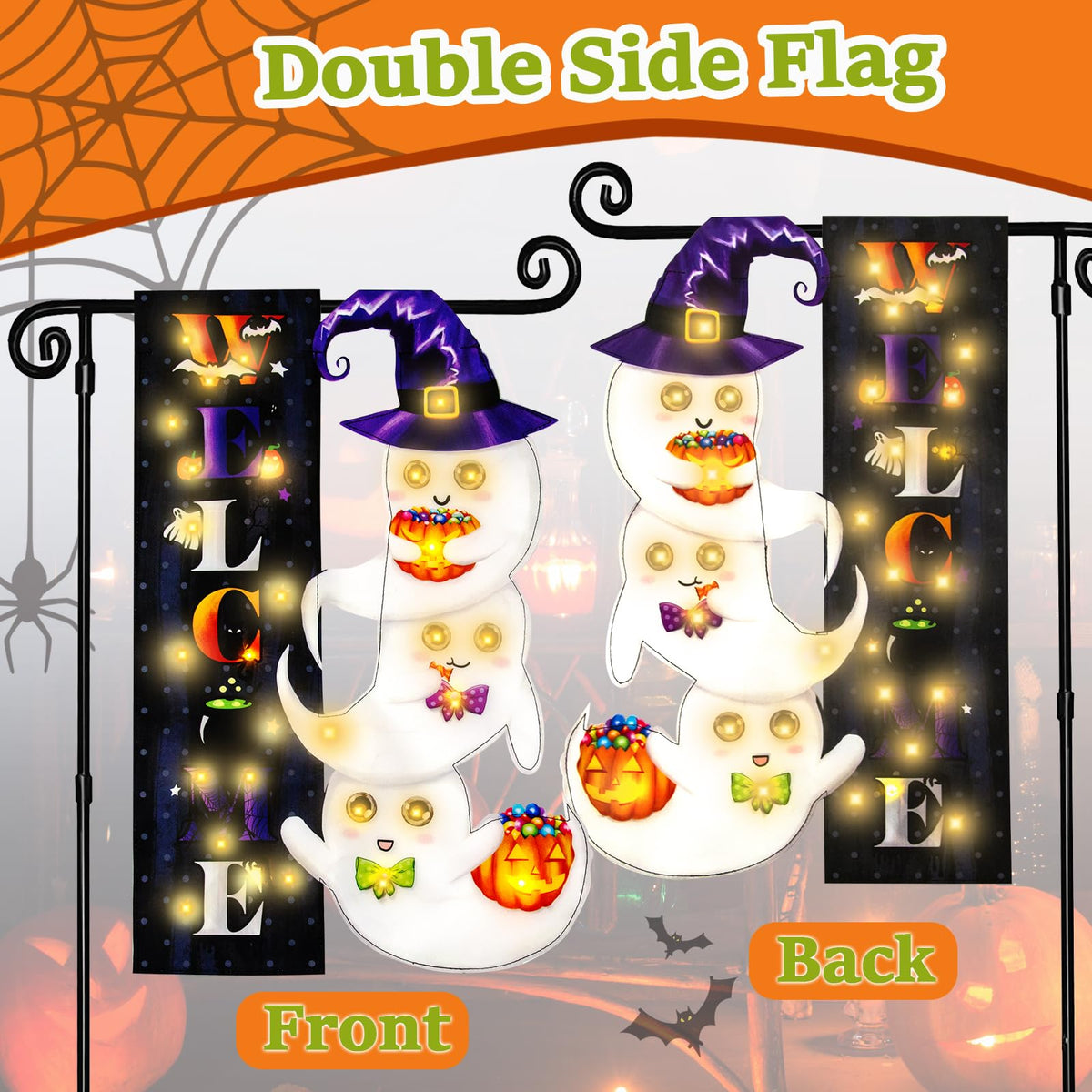 FLAGMESAGE Halloween Lighted Garden Flag, Ghost Yard Decor, 12x18 In