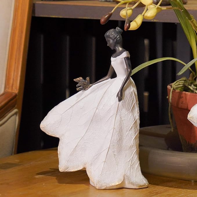 Guichifun Fairy Statue Collection Home Decoration - White Leaf Angel Girls with Bird Resin Home Decor for Outdoor or Indoor Outdoor Yard Decorations Figurines Retirement Gift 8.5 x 5.25 x 12 Inch