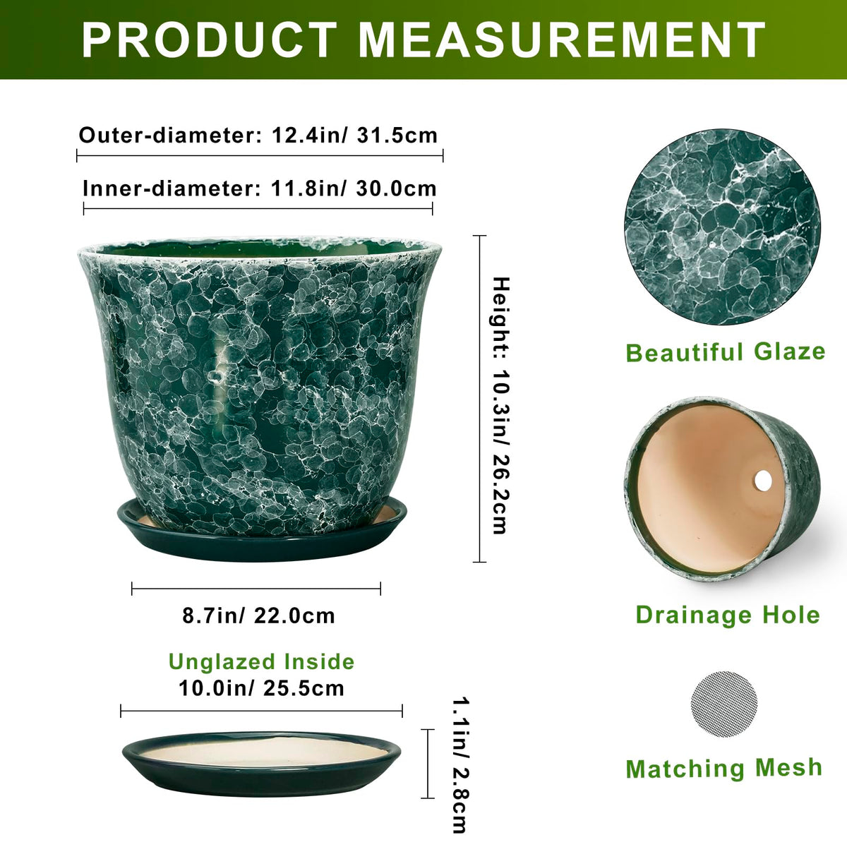 SUNPOTFOR Ceramic Planter - 12 Inch Pots for Plants with Drainage Hole and Saucer, Round Planter for Indoor Outdoor, Large Plant Pot, Modern Planters, Garden Patio Decor, House Warming Gifts, Green