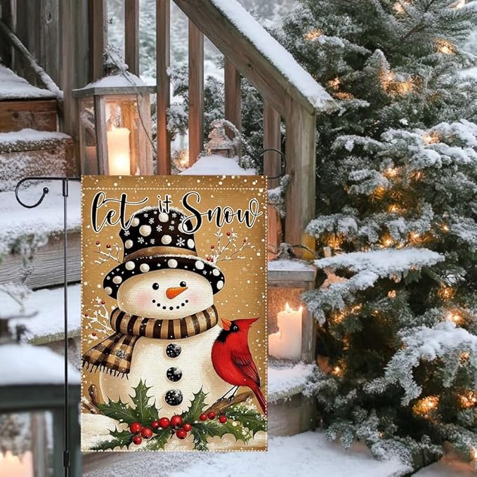 Let It Snow Snowman Garden Flag Double Sided 12x18 Inch Burlap Winter Outdoor Yard Decoration with Cardinal Bird and Holly Christmas Holiday Decor