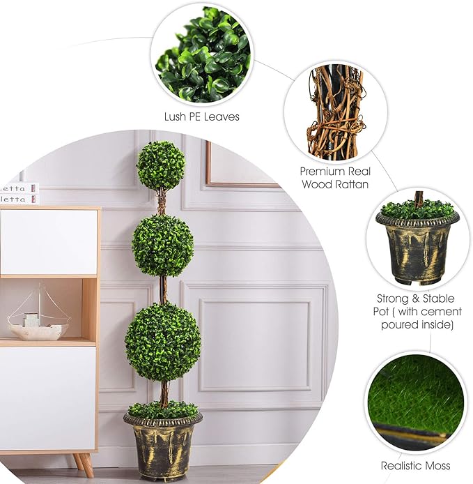 DREAMADE 4ft Topiary Trees Artificial Outdoor, Triple Ball Boxwood Topiary w/Cement-Filled Retro Pot, Fake Plants Shrub Bushes for Home, Office, Porch, Front Door, Entrance, Backyard