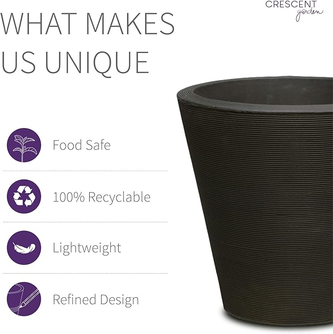 Crescent Garden Madison Planter– Weather-Resistant, Double Walled Indoor/Outdoor Plant Pot with Drain Hole – Large Plastic Plant Pot, 26" W (Caviar Black)