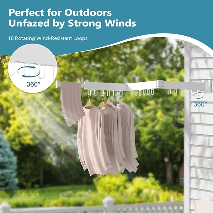 JAUREE Clothes Drying Rack Wall Mounted, Space-Saving Drying Rack Clothing, Collapsible Foldable Retractable Laundry Rack with 18 Hooks, Indoor/Outdoor, White