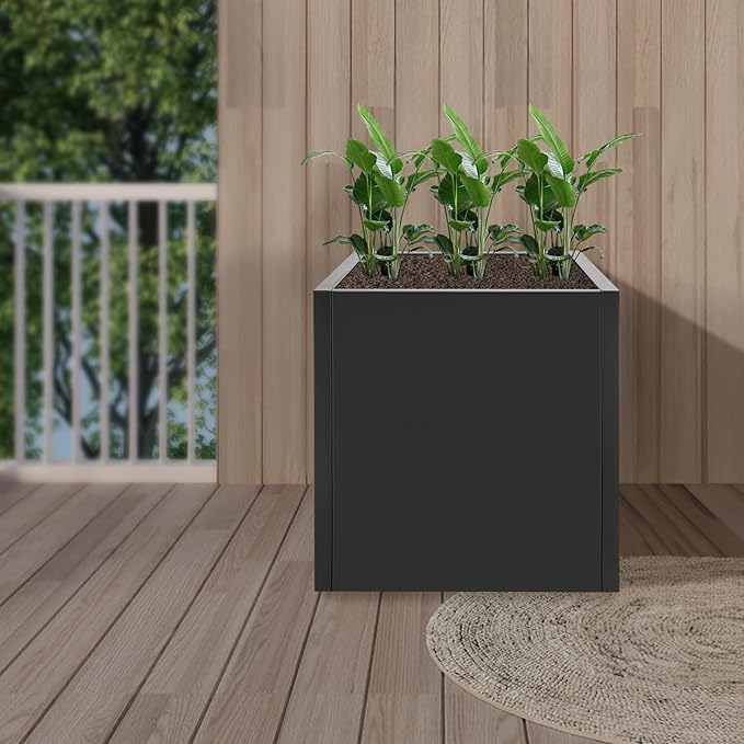 DYNAMI Square Planter Box Black Steel Planter,17x17x18in Metal Planter Box Large Cube Plant Pot for Outdoor Plants,Modern Heavy Duty Flower Pot for Patio, Deck, Yard, Garden